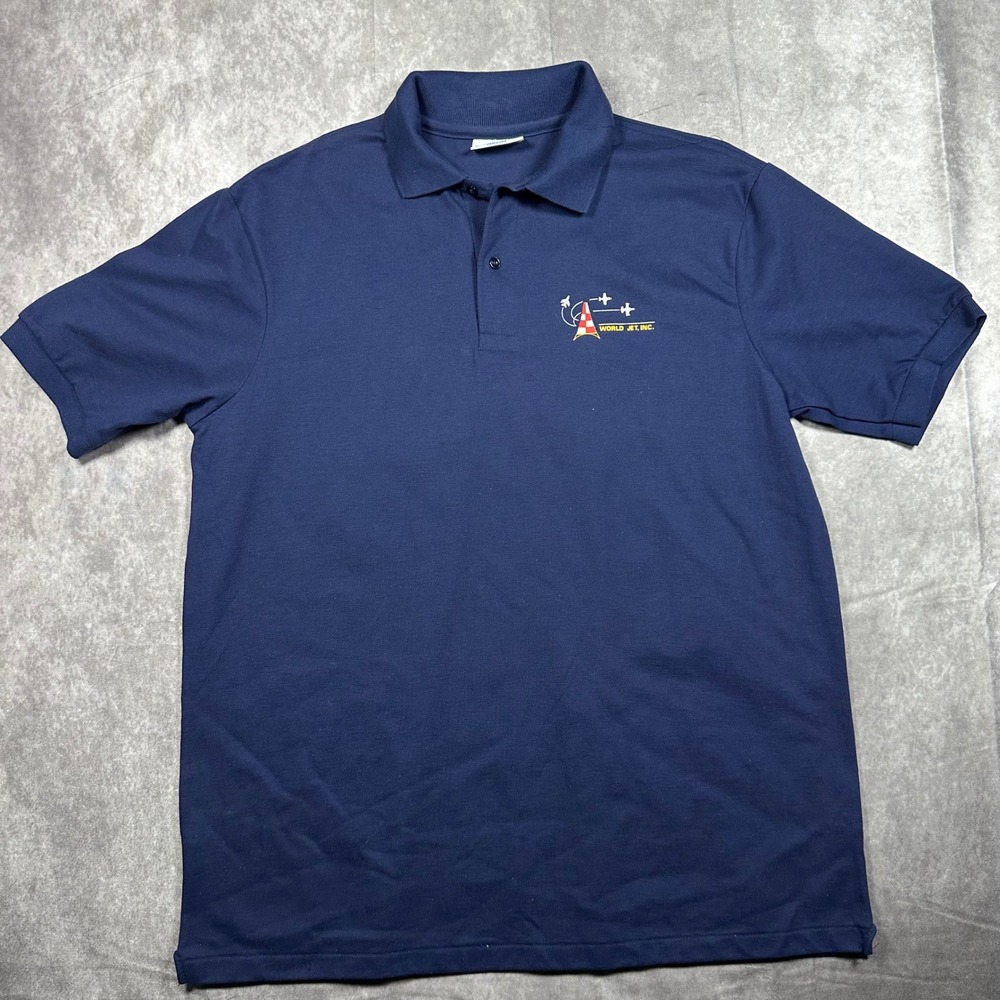 Vintage Hanes‎ World Jet Inc Airplane Polo Shirt Navy Mens XL Single Stitch USA